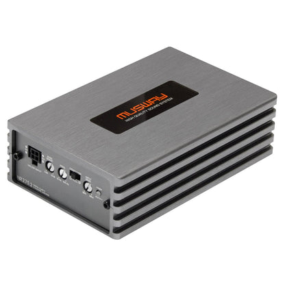 Le Musway NX275.2 est un amplificateur compact à deux canaux, de couleur argentée, rehaussé de touches noires et doté de boutons de commande sur un côté.