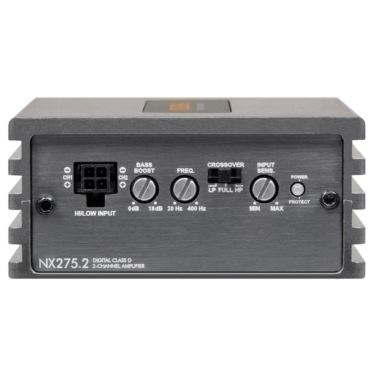 Façade de lamplificateur compact à 2 canaux Musway NX275.2, avec ses boutons dentrée et de réglage, ses commutateurs et ses voyants lumineux.