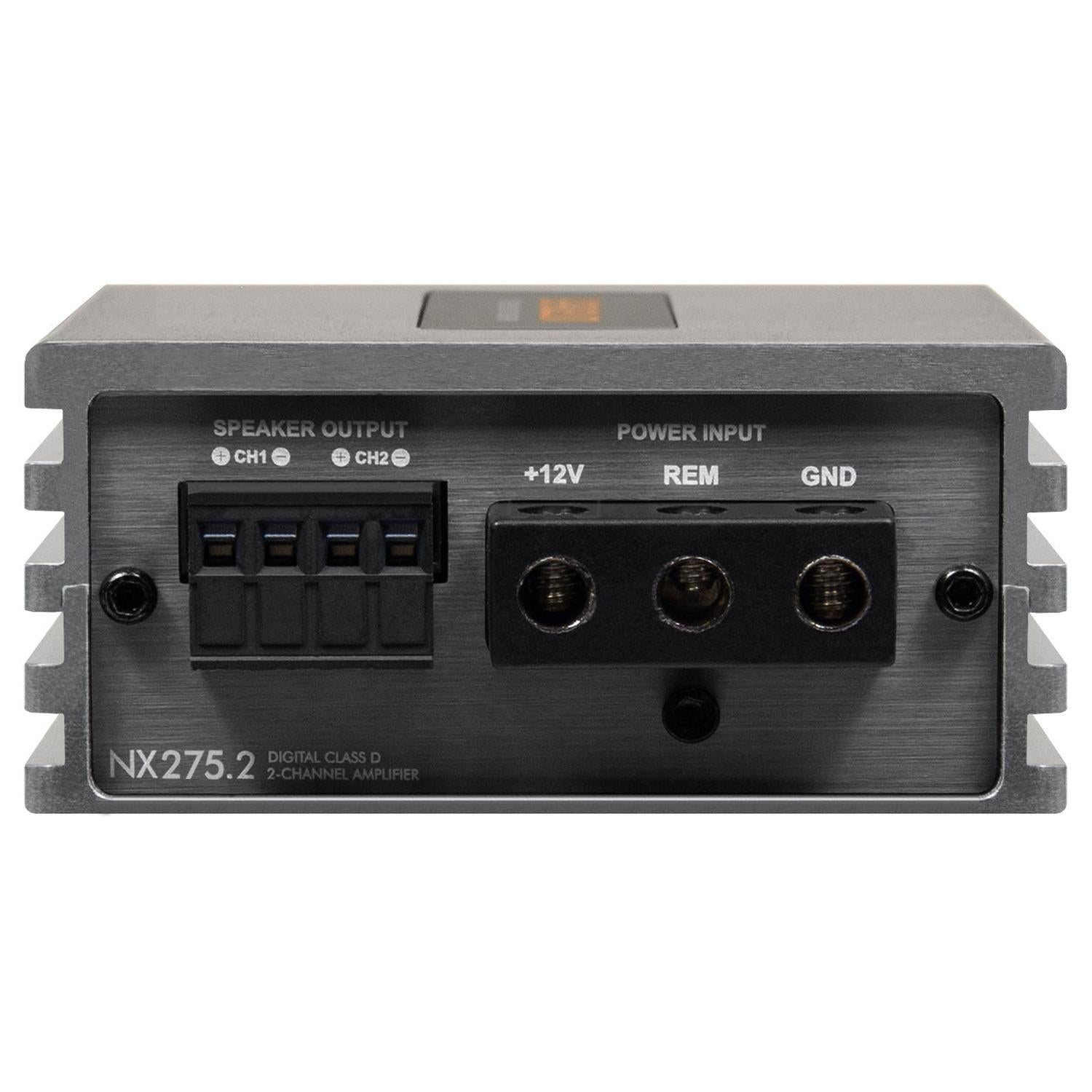 Gros plan sur le panneau arrière de lamplificateur Musway NX275.2, montrant les bornes denceintes et dalimentation identifiées, ainsi que le circuit de protection EPS Schutzschaltung pour une protection renforcée.
