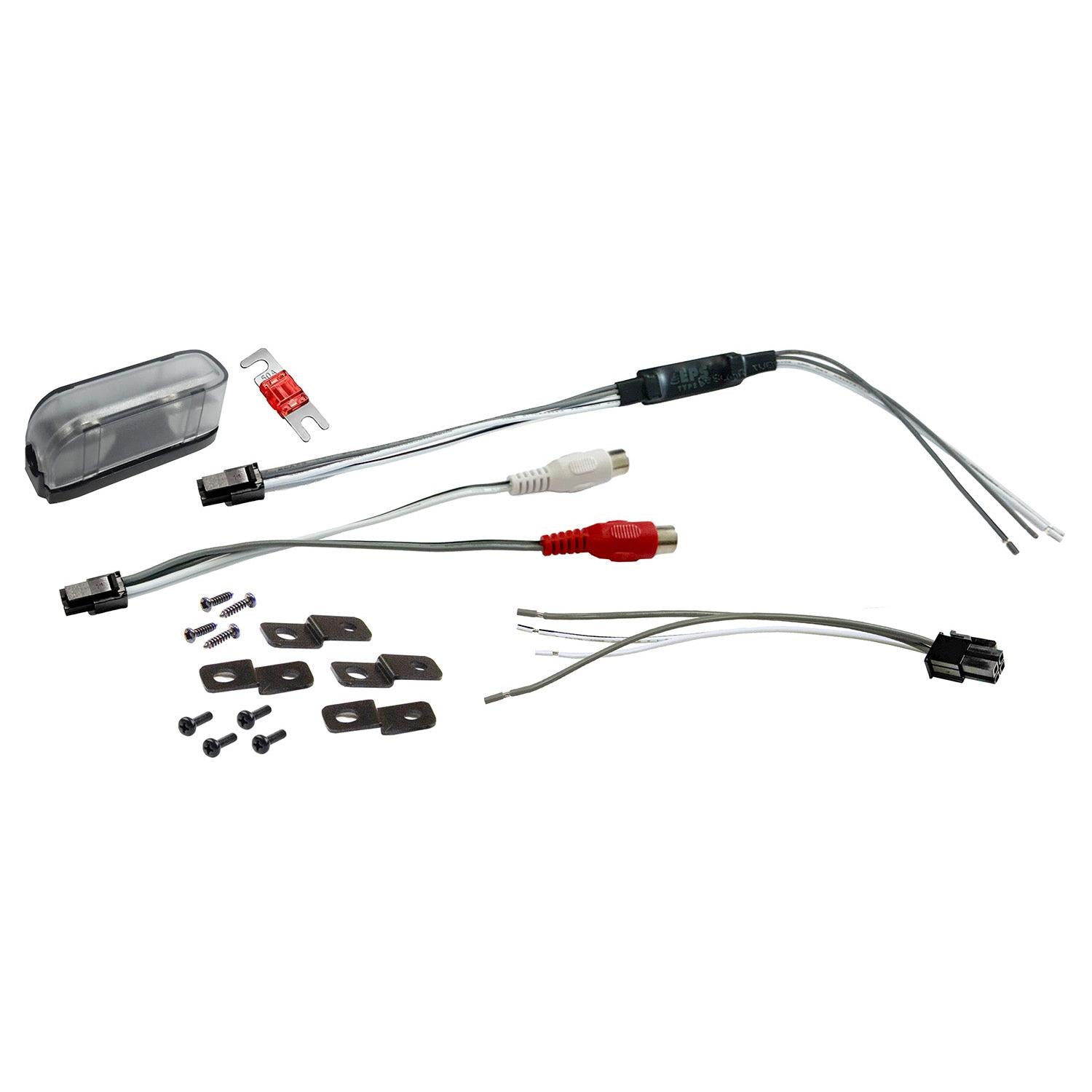 Kit de câblage audio pour voiture Musway NX275.2 comprenant des connecteurs, des vis, des supports de fixation, un fusible en ligne et des câbles RCA, présenté sur fond blanc.