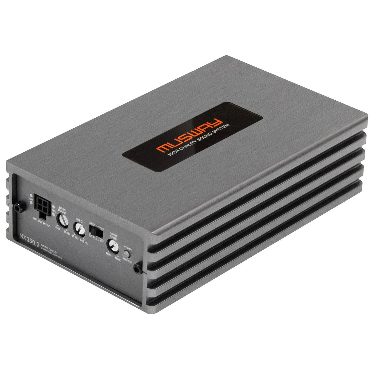 Musway NX350.2 : amplificateur 2 canaux puissant, doté dune finition métallique brossée, de fentes daération noires sur les côtés et de connecteurs étiquetés à lune de ses extrémités.