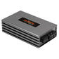 Un amplificatore a 2 canali Musway NX350.2 color argento, con fianchi ventilati e porte terminali, ripreso su uno sfondo bianco.