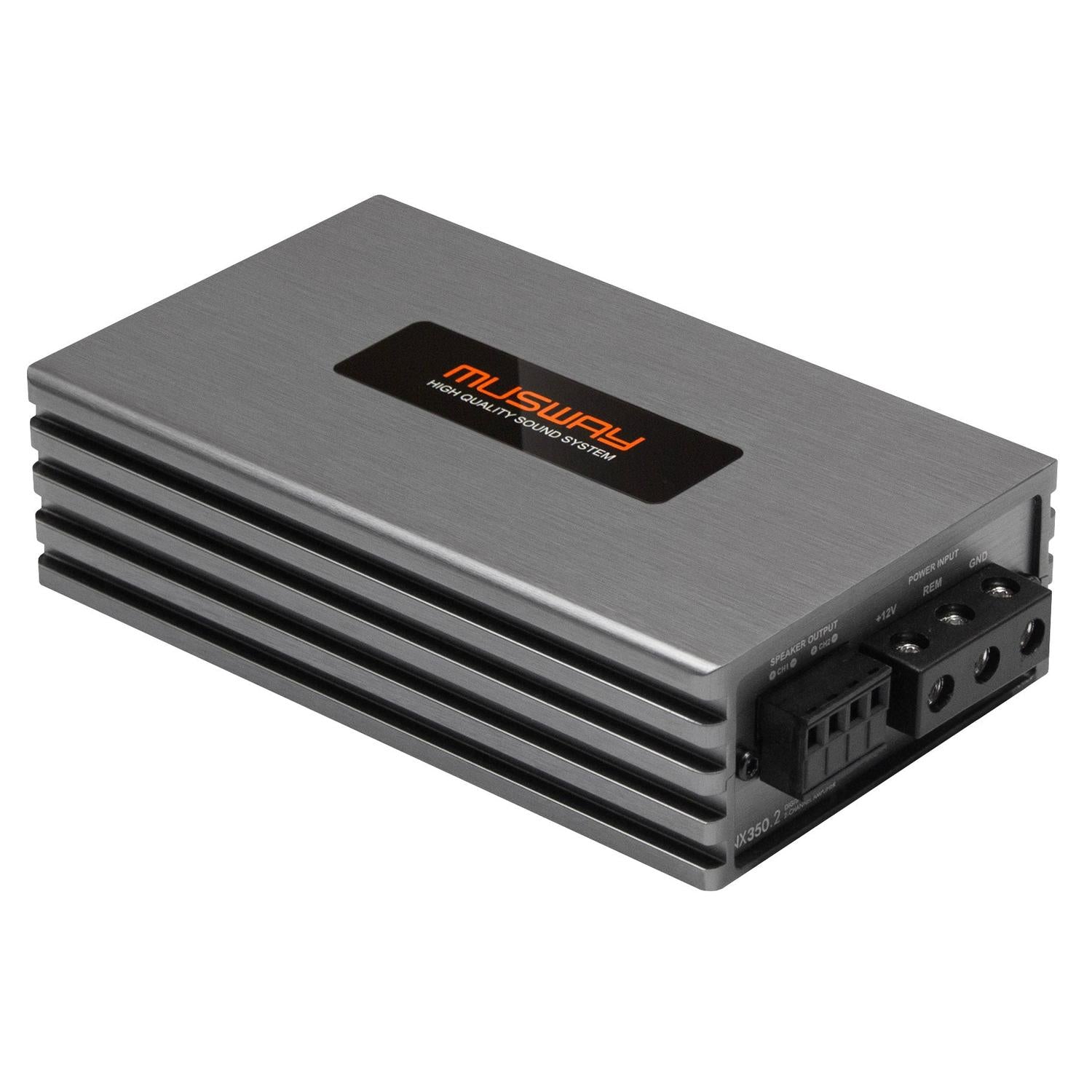 Un amplificatore a 2 canali Musway NX350.2 color argento, con fianchi ventilati e porte terminali, ripreso su uno sfondo bianco.
