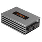 Amplificatore Musway NX400.1 rettangolare color argento con dettagli neri, fianchi ventilati, porte contrassegnate e tecnologia Interference Free per un audio pulito.