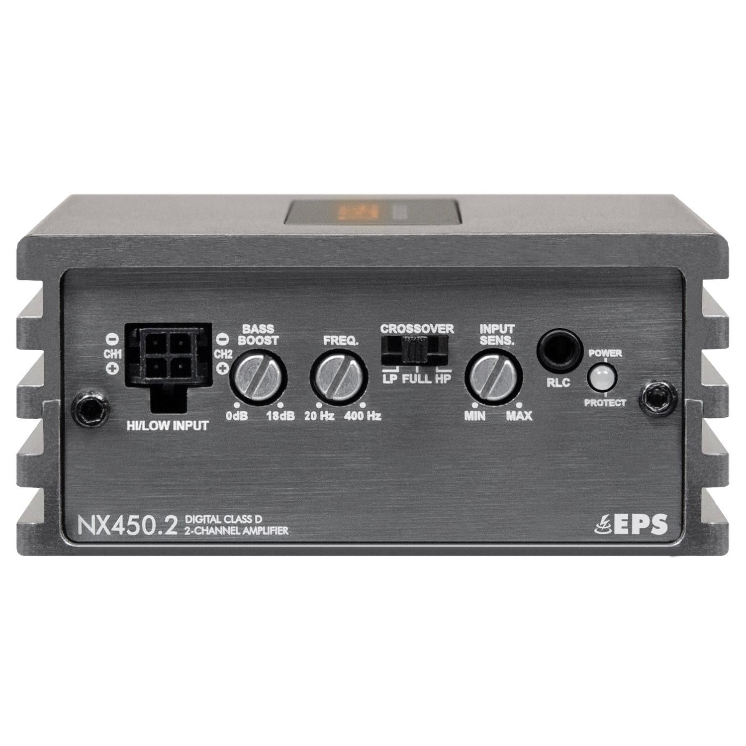 Pannello frontale dellamplificatore a 2 canali Musway NX450.2 grigio: amplificazione dei bassi, 900 W RMS, ingressi, controlli di frequenza e crossover, indicatori e regolazione della sensibilità.