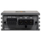 Vista posteriore dellamplificatore digitale a classe D a 2 canali Musway NX450.2 con uscite per altoparlanti, ingresso di alimentazione, funzione Bass Boost e potenza in uscita fino a 900 W RMS.