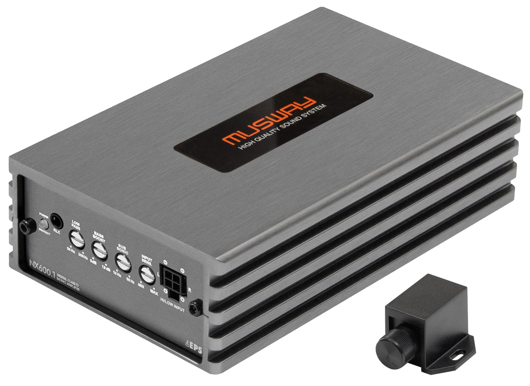 Der Musway NX600.1 1-Kanal-Autoverstärker verfügt über Einstellregler, Anschlüsse und eine kompakte schwarze Fernbedienung für optimale Audioeinstellungen.
