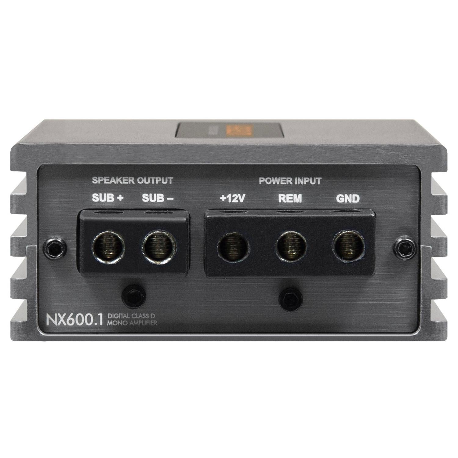 Vista frontale del Musway NX600.1 che mostra le uscite per gli altoparlanti, i terminali di alimentazione e le etichette relative a SUB+, SUB-, +12V, REM e GND.