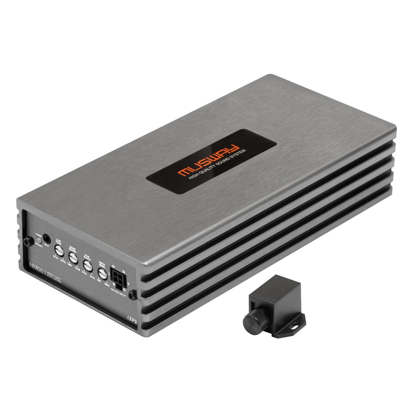 Il Musway NX800.1 è un amplificatore audio rettangolare a 1 canale con involucro in metallo, pannello di controllo e telecomando nero, che eroga una potenza di 800 W RMS.