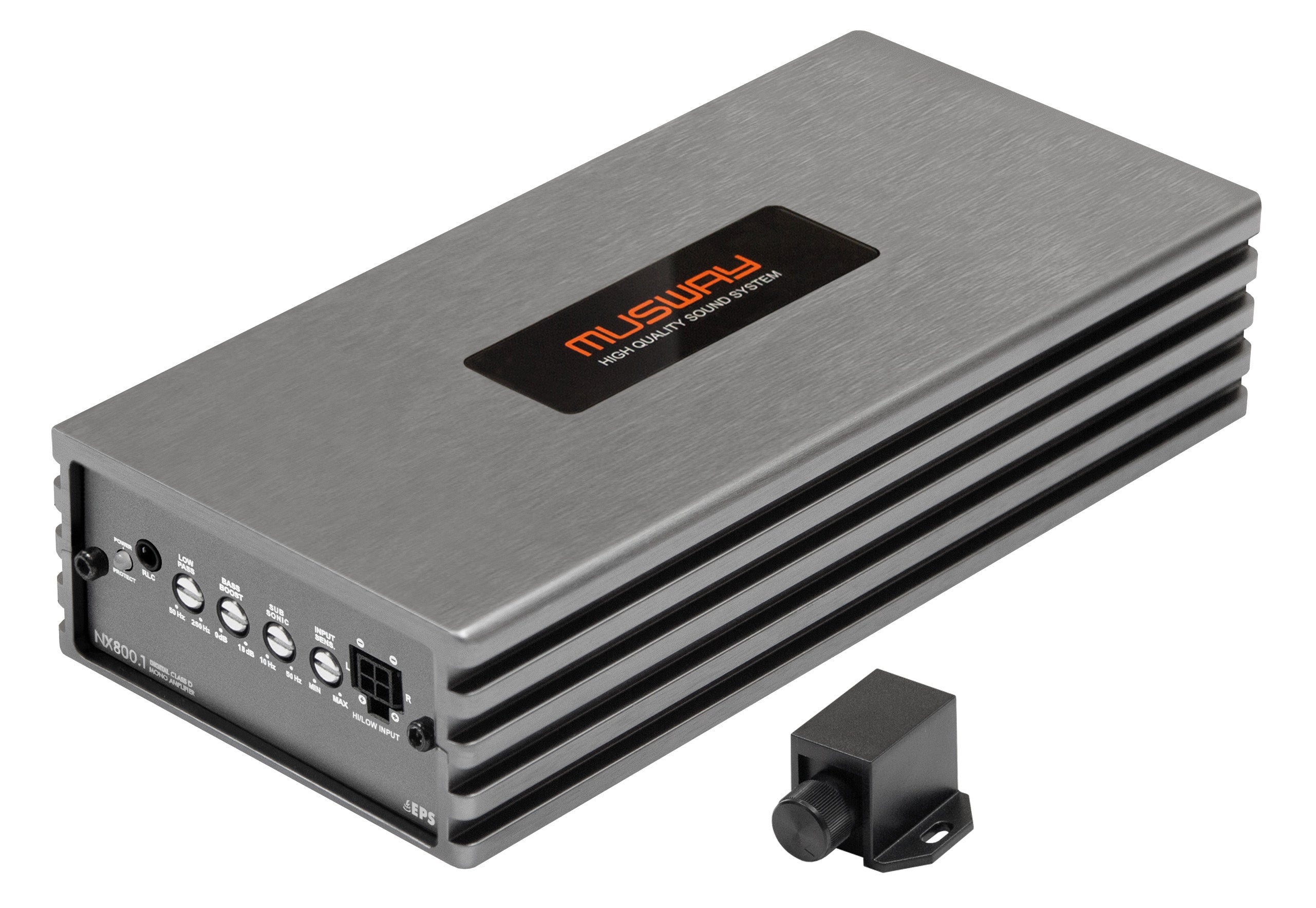 Der Musway NX800.1 ist ein rechteckiger 1-Kanal-Audioverstärker mit Metallgehäuse, Bedienfeld und schwarzer Fernbedienung, der eine RMS-Leistung von 800 W liefert.