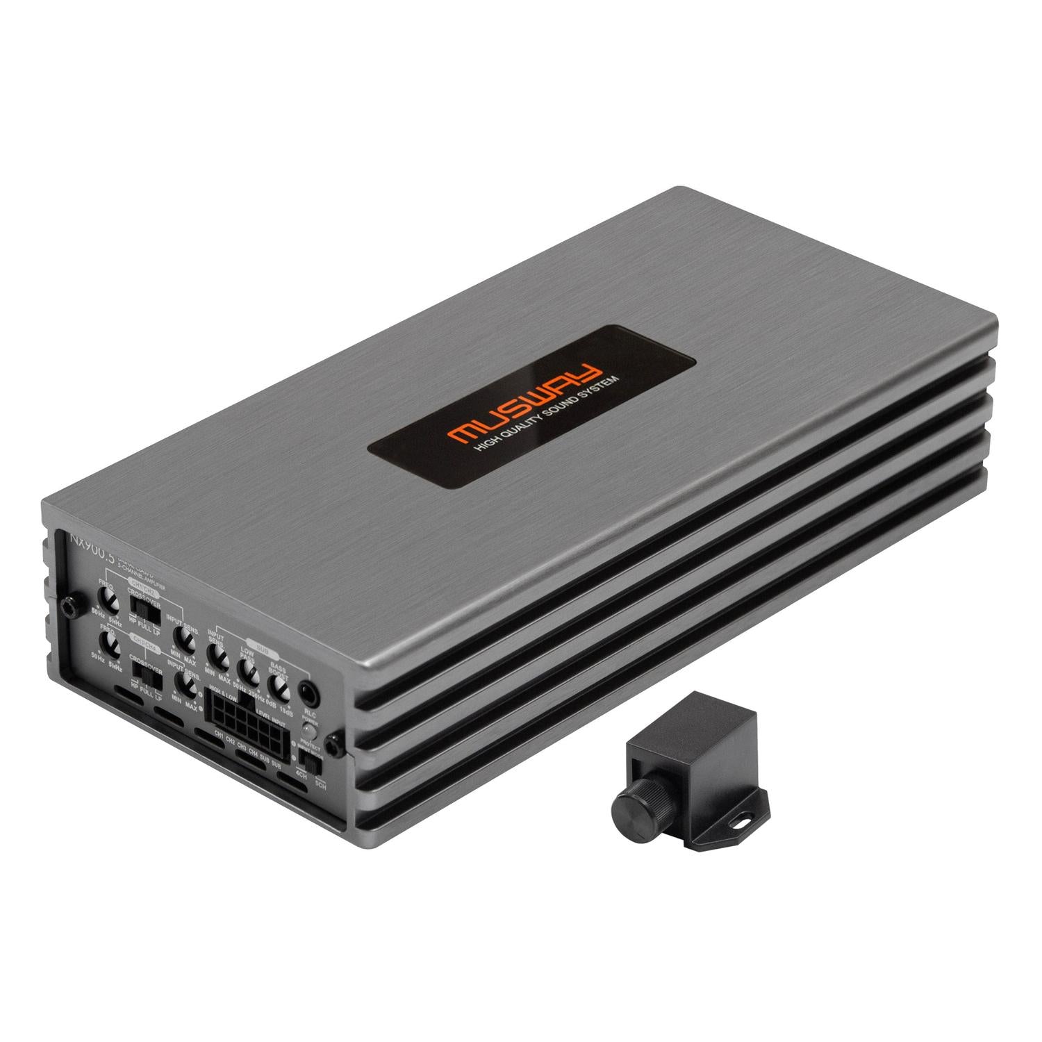 A silver Musway NX900.5 5-channel car audio amplifier with black accents, multiple ports, and a small black accessory next to it.