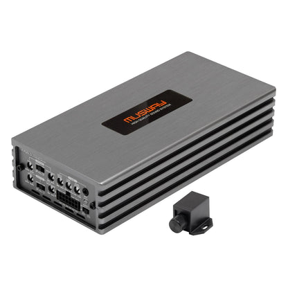 A silver Musway NX900.5 5-channel car audio amplifier with black accents, multiple ports, and a small black accessory next to it.