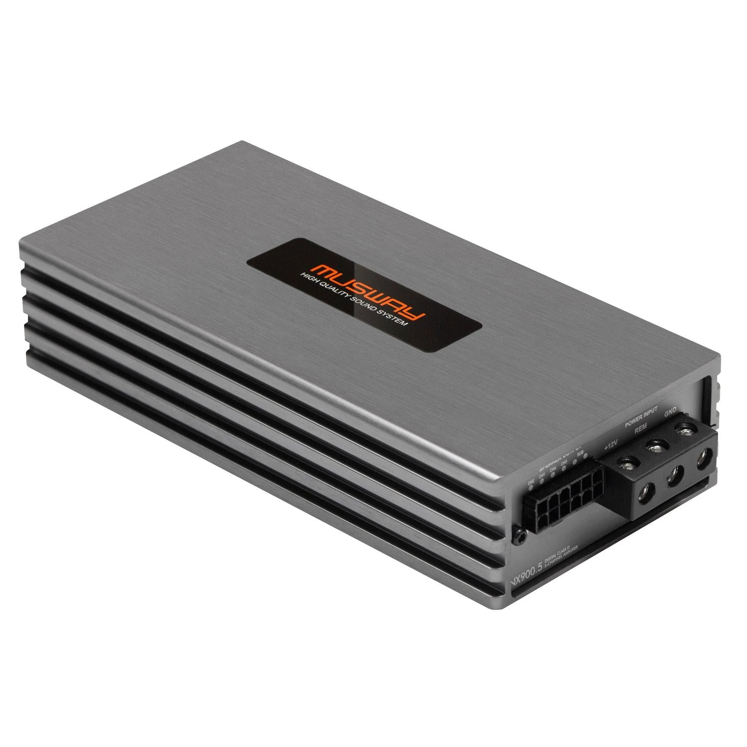 The Musway NX900.5 is a silver 5-channel amplifier with black fins, EPS protection circuit, connector ports, and Musway High-Quality Audio System label.