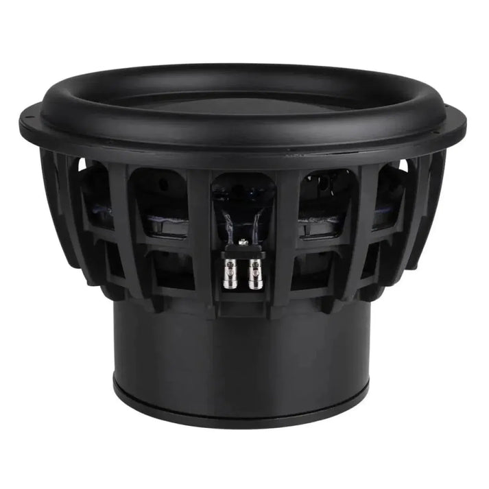 Se muestra un subwoofer negro Peerless by Tymphany STW-350F-188PR01-04 de 15 y 3500 W, con marco abierto y terminales a la vista, sobre fondo blanco.