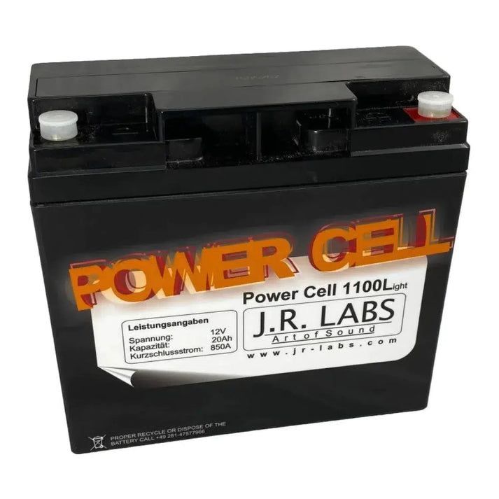 A black Power Cell 1100L - 20Ah AGM battery with orange POWER CELL text and a white label displaying voltage, 20Ah, and short circuit specs.