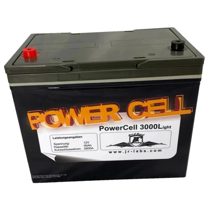 A Power Cell 3000L - 90Ah AGM battery, black with a gray top, red and black terminals, and a 90Ah label on the front.