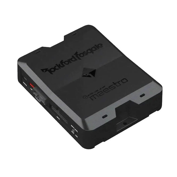 Un modulo di interfaccia audio per auto Rockford Fosgate DSR1 di colore nero con porte e marchio DSR1 sulla superficie superiore.