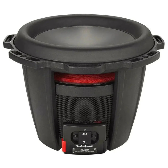 El Rockford Fosgate Power T0D210 es un subwoofer negro y rojo de 10 pulgadas con cono redondo, laterales de malla y terminales visibles en la parte frontal inferior.