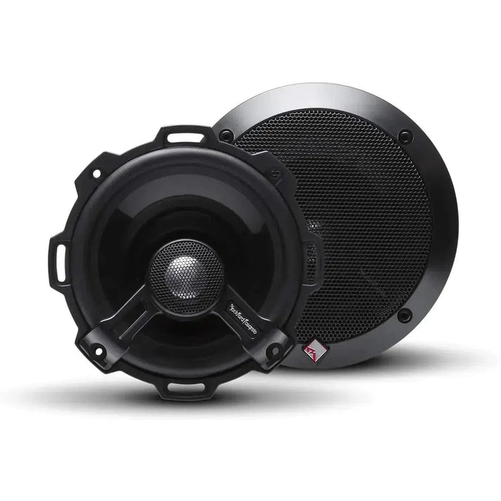 Two black Rockford Fosgate Power T152 5 2-way speakers, one with cone and grille visible, one with a mesh cover, shown side by side on a white background.
