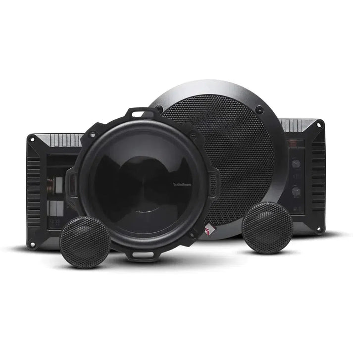 A set of black Rockford Fosgate Power T152-S car audio speakers, including a 5 Zoll Lautsprecher, subwoofer, and amplifier on a white background.