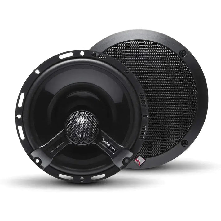 Two black Rockford Fosgate Power T1650 6.5-inch coaxial speakers, one with visible cone and tweeter, one with a grille, displayed on a white background.