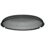 Een rond, zwart metalen spatscherm van opzij gezien, dat lijkt op de Rockford Fosgate Power T1SG-12 met zijn fijne perforaties en licht bolle vorm.