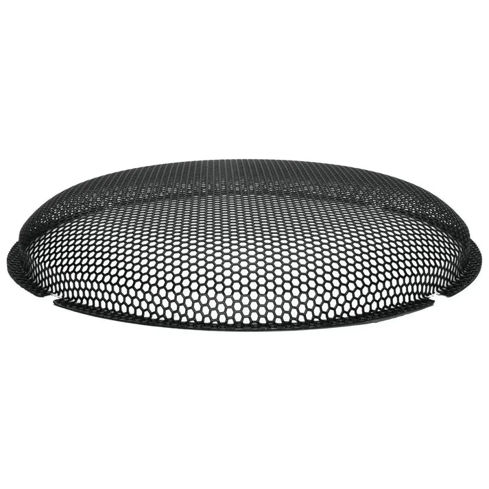 Een rond, zwart metalen spatscherm van opzij gezien, dat lijkt op de Rockford Fosgate Power T1SG-12 met zijn fijne perforaties en licht bolle vorm.