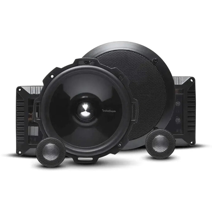 A set of black Rockford Fosgate Power T2652-S 5 2-way component speakers with woofer, tweeters, and crossovers on a white background.