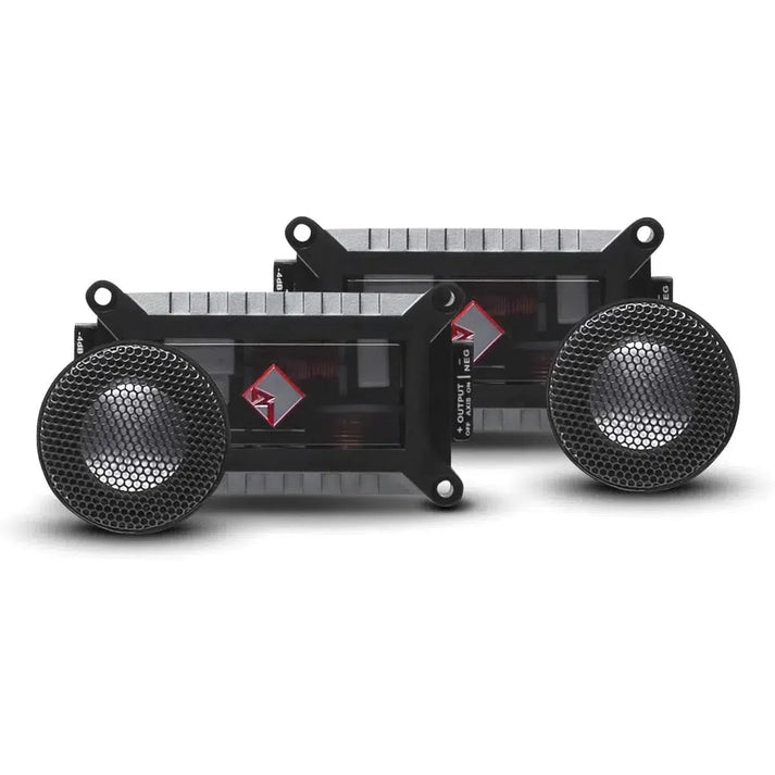 Deux tweeters noirs Rockford Fosgate Power T2T-S avec des grilles en maille, des crossovers intégrés et le logo rouge et blanc de la marque.