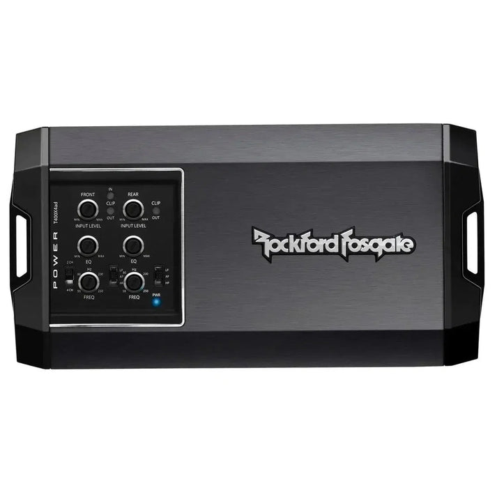 Le Rockford Fosgate Power T400x4ad est un amplificateur audio de voiture noir à 4 canaux avec un panneau de commande à gauche et un logo à droite.