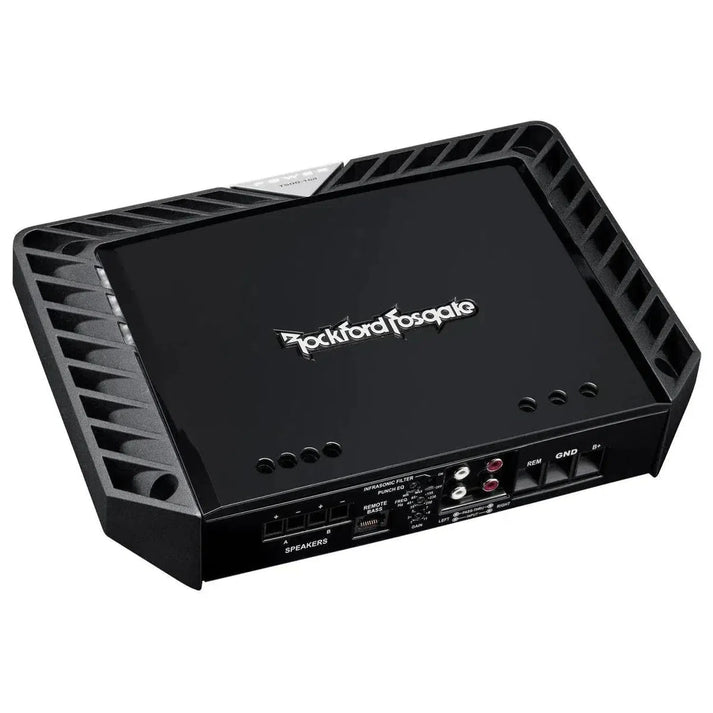 Een zwarte Rockford Fosgate Power T500-1bdCP monoversterker met schuine randen, BD-topologie, I/O-poorten en merklogo bovenop.