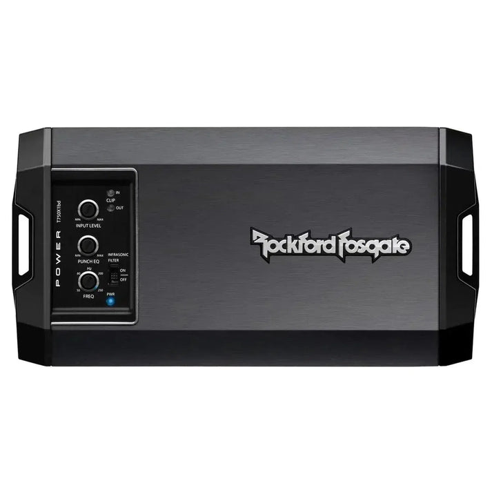 De zwarte Rockford Fosgate Power T750x1bd monoversterker is voorzien van Class bd-technologie, een bedieningspaneel aan de linkerkant en een zilveren logo aan de rechterkant.