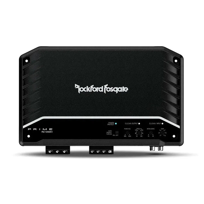 El Rockford Fosgate Prime R2-1200X1 es un amplificador negro de 1 canal de clase D con controles en el panel frontal y puertos de conexión.