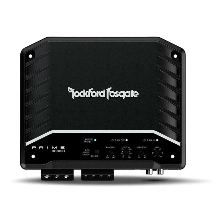 Schwarzer Rockford Fosgate Prime R2-500X1 1-Kanal Verstärker mit Class-D-Technologie, Logo, Modellname sowie Bedieningspaneel mit Anschlüssen und Einstellreglern.