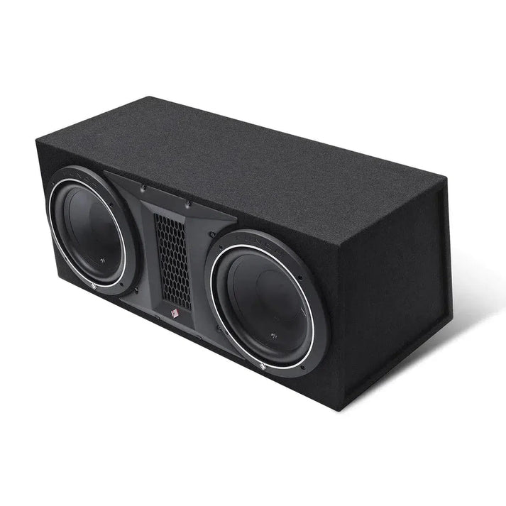A black rectangular box with two Rockford Fosgate Punch P1-2X10 10 subwoofers, a central vent, and 500W RMS power.