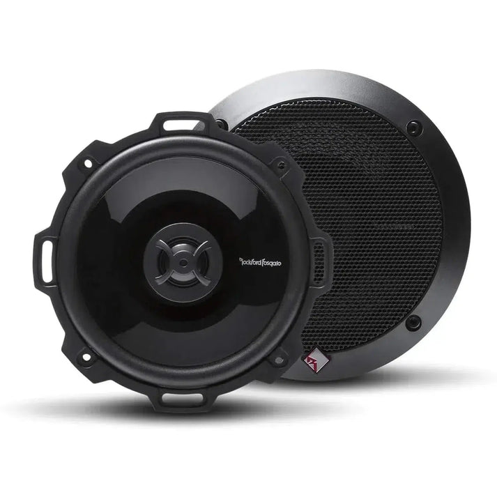 Two black Rockford Fosgate Punch P152 speakers, one facing forward with a glossy cone, the other behind showing its protective mesh grille.