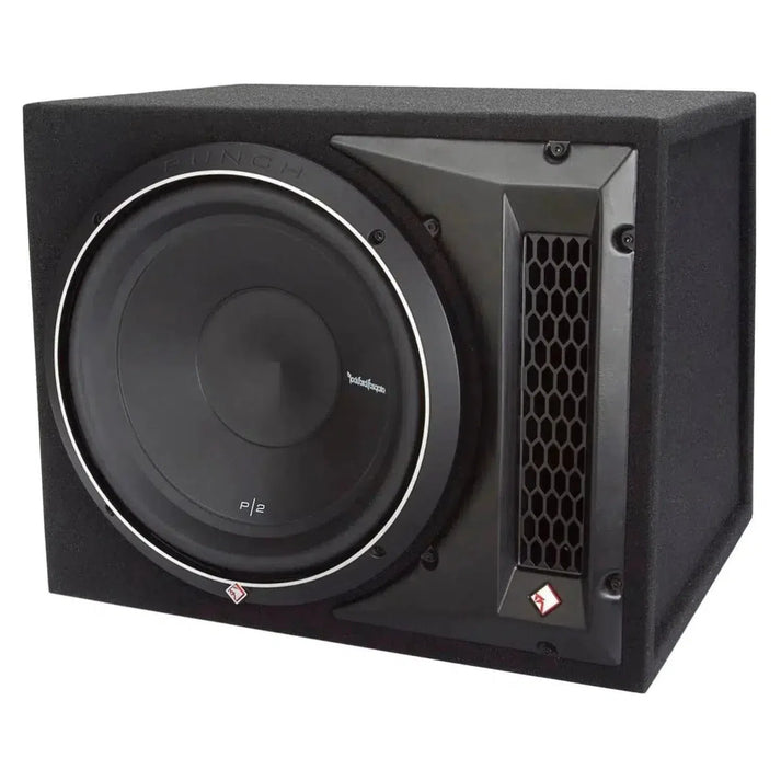A Rockford Fosgate Punch P2-1X12 black 12 subwoofer in a rectangular enclosure with side vent and logo accents.