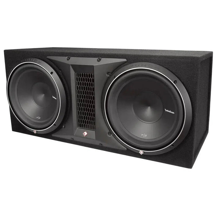 The Rockford Fosgate Punch P2-2X12 is a rectangular black Gehäusesubwoofer with two large 12 speakers and a central vented panel.
