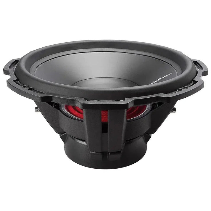 The Rockford Fosgate Punch P2D2-15 / P2D4-15 is a black and gray 15 subwoofer with red internal parts and dual voice coils, shown angled on a white background.
