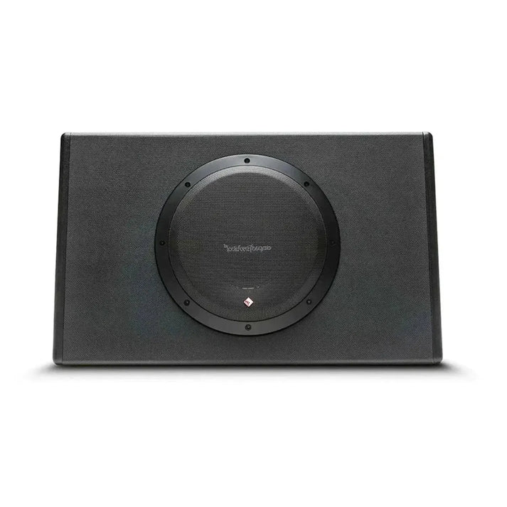 Subwoofer Punch P300-10T Aktiv di Rockford Fosgate, di forma rettangolare e di colore nero, con altoparlante centrale da 10 pollici e logo, su sfondo bianco.
