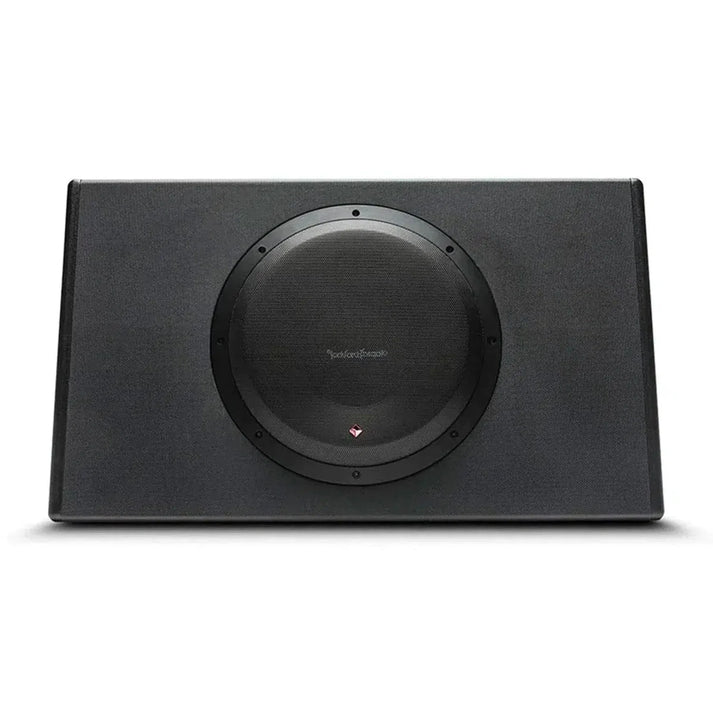 Il Rockford Fosgate Punch P300-12T Aktiv è un subwoofer nero con un woofer da 12 in un involucro rettangolare e un altoparlante centrale rotondo.