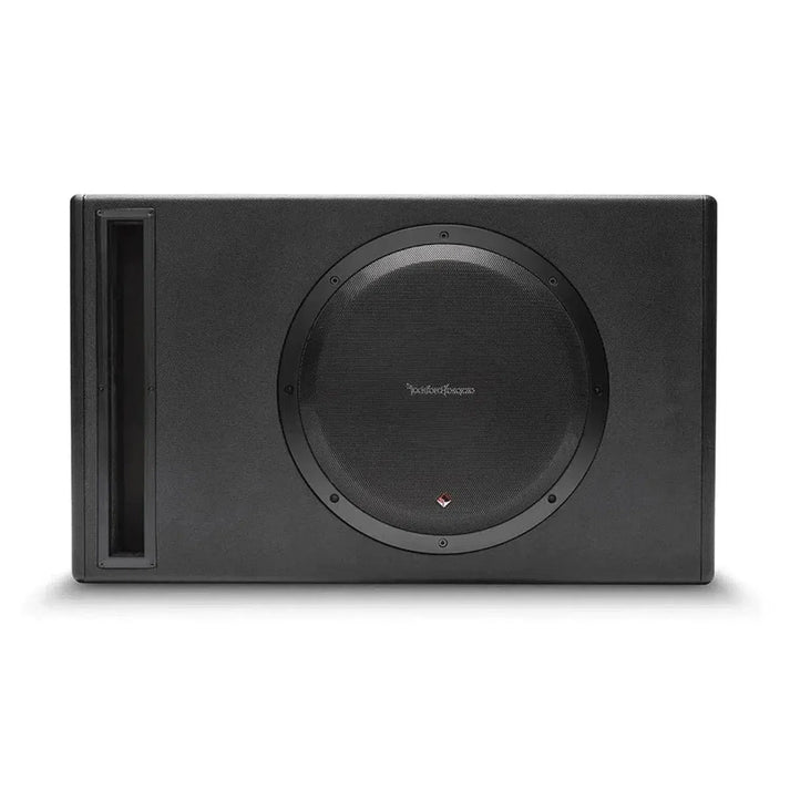 Le Rockford Fosgate Punch P500-12P Aktiv est un subwoofer noir de 12 pouces dans un boîtier rectangulaire avec un haut-parleur circulaire et un port vertical du côté gauche.