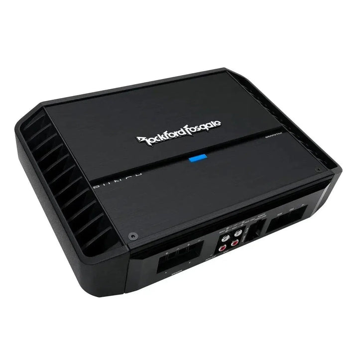 Lamplificateur audio de voiture Rockford Fosgate Punch P500X1bd noir est doté dun voyant bleu et de plusieurs ports dentrée/sortie sur le panneau avant.