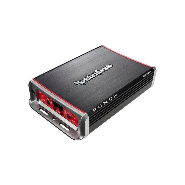 The Rockford Fosgate Punch PBR300x4, a black and red 4-channel amplifier with brushed metal finish, is displayed at an angle on a white background.
