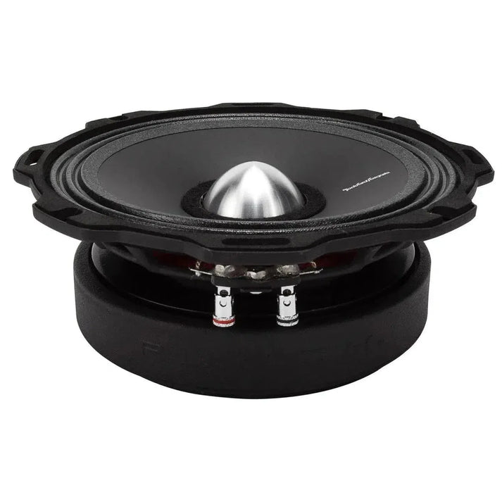 Un diffusore audio per auto Rockford Fosgate Punch Pro PPS8-10 nero e rotondo con cupola centrale argentata, mostrato in posizione angolata su sfondo bianco.