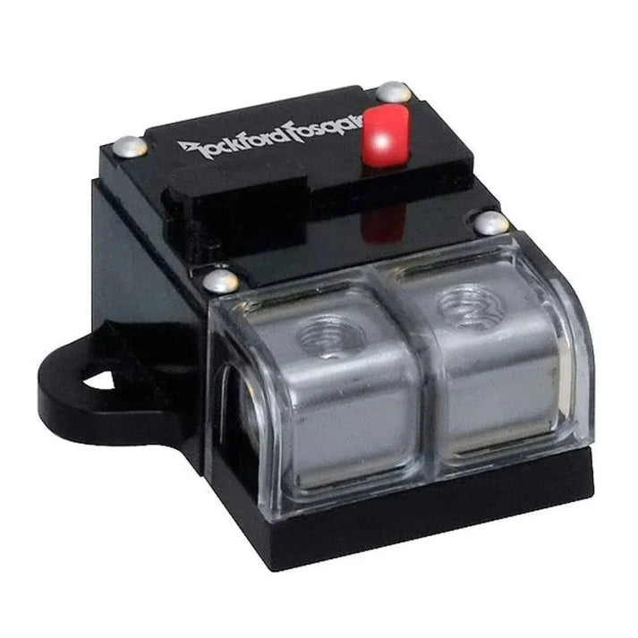 Il Rockford Fosgate RFCB140 è un interruttore di circuito audio per auto da 140 A con pulsante di reset rosso, doppi terminali in metallo e schermo in plastica trasparente.