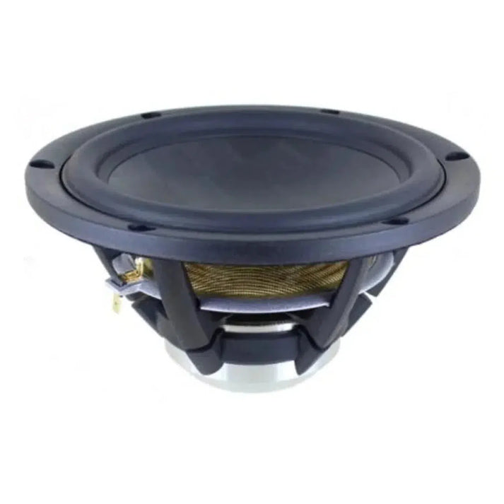 Un subwoofer SB Acoustics Satori MW16TX/TeXtreme negro con cono TeXtreme visible y marco abierto, mostrado en ángulo sobre fondo blanco.