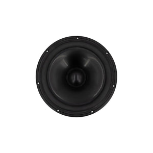 Een close-up van de Scanspeak Revelator 26W/4867T00 10-inch aluminium subwooferconus met bevestigingsgaten, ideaal voor high-end audio, afgebeeld tegen een witte achtergrond.