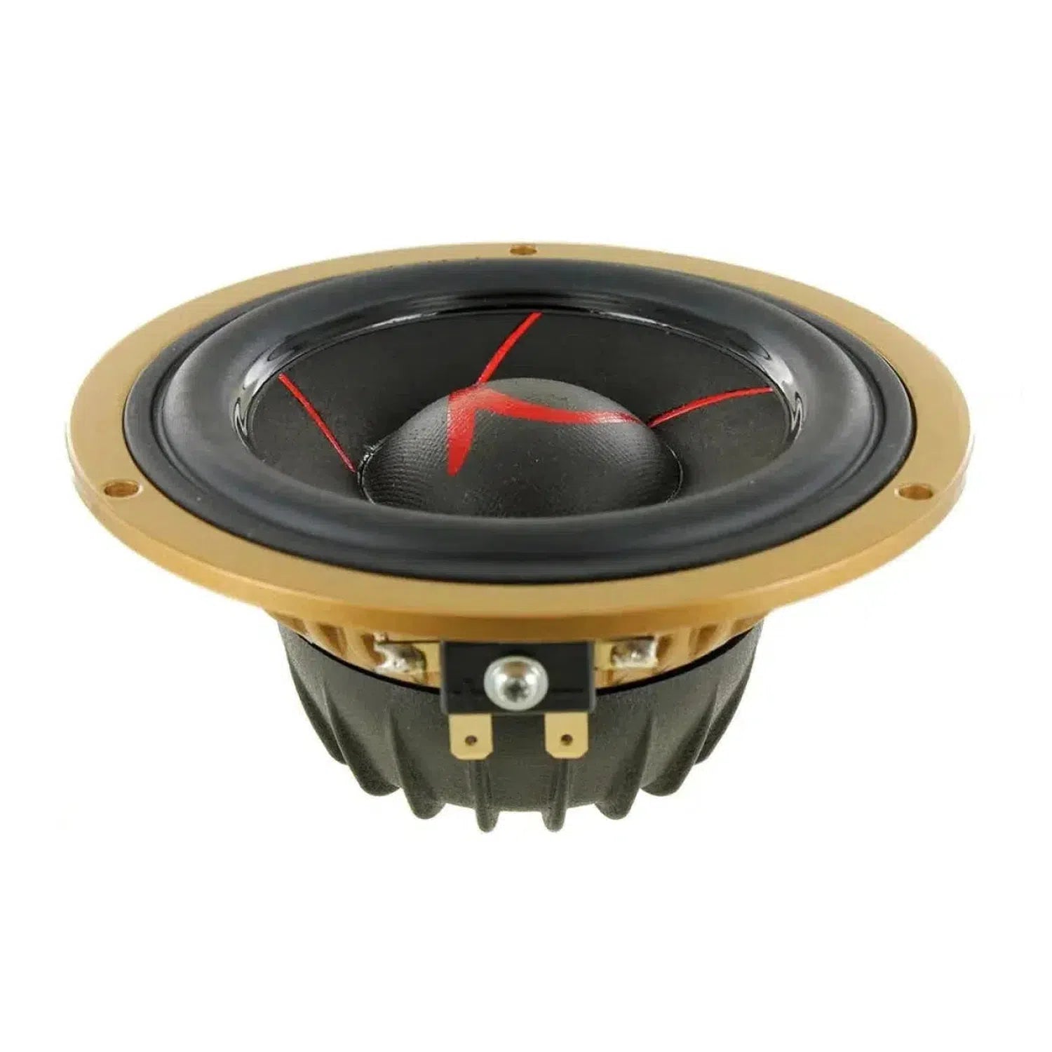 Lo Scanspeak Automotive Gold 11M/4631G05 è un midrange nero e oro da 4 con accenti rossi sul cono, involucro posteriore a coste e un potente sistema di magneti Neodym.