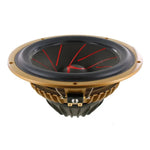 A close-up of a Scanspeak Automotive Gold 16W/4538G05 6.5 subwoofer with a black cone and red accents, shot against a white background.